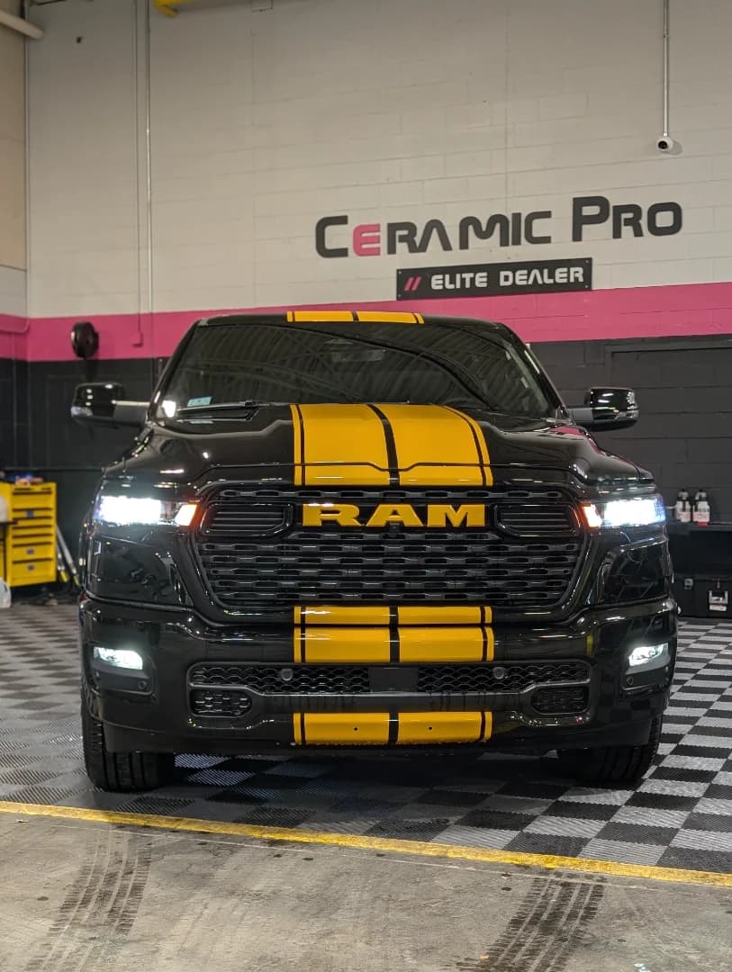 2025 Ram 1500 Yellow Colored Paint Protection Film Custom Racing Stripes
